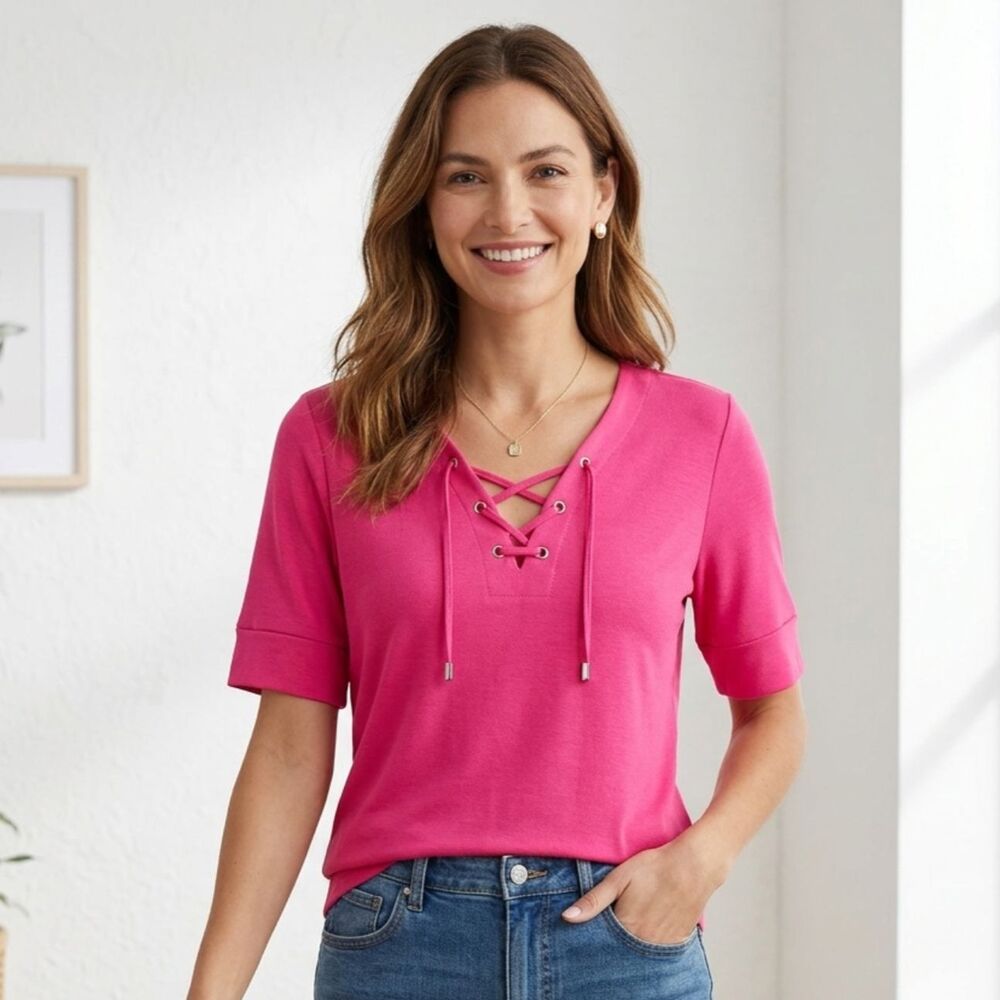 Liz Claiborne Lace Up Top Womens Size M Hot Pink Short Sleeve V Neck Blouse